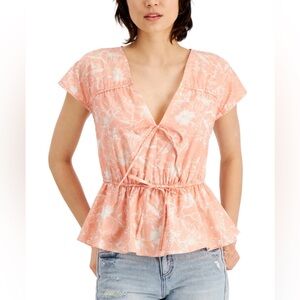 INC International Concepts V-Neck Top Tie Front Pink White Floral Cool Cotton 1X